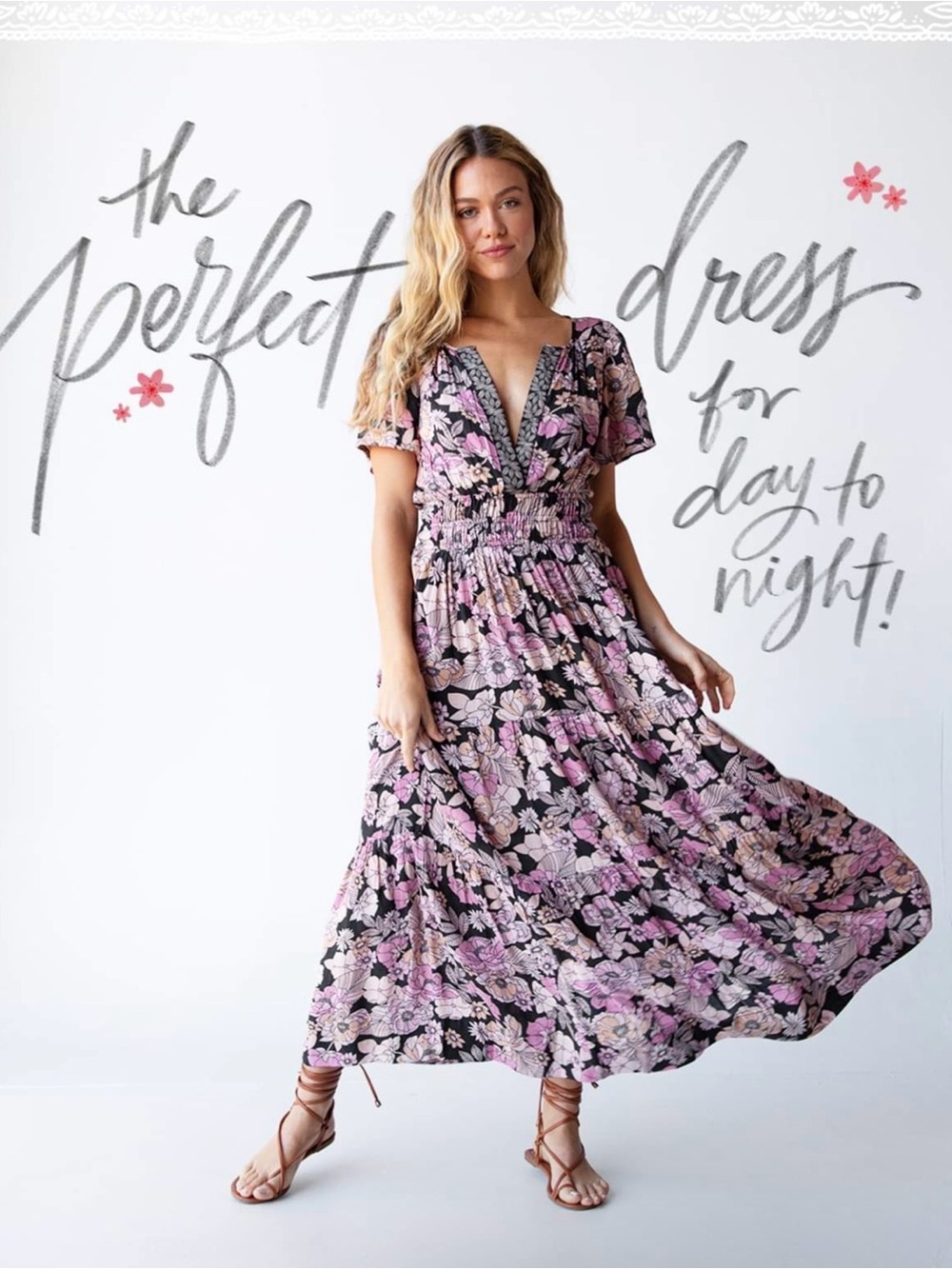 NATURAL LIFE Floral V-Neck Bella Maxi Dress EUC Boho Cottagecore Coastal Summer
